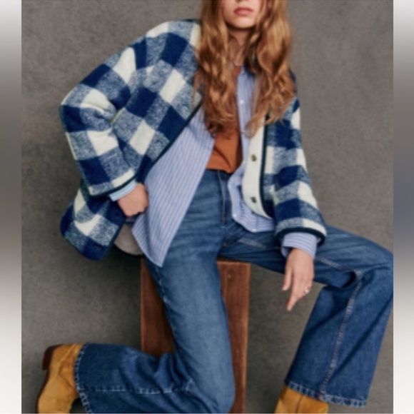 🦋Sezane Farel Blue and Ecru Check Sherpa Jacket NWT - Picture 2 of 6